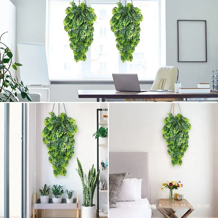 Egzotyczna sztuczna winorośl Monstera, zielone liście. Elegancka dekoracja na tropikalne wesele.