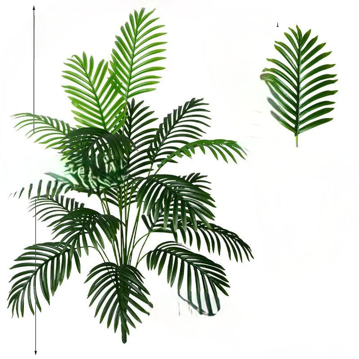 Kolekcja sztucznych roślin, w tym palma i monstera, do aranżacji wnętrz i ogrodu.