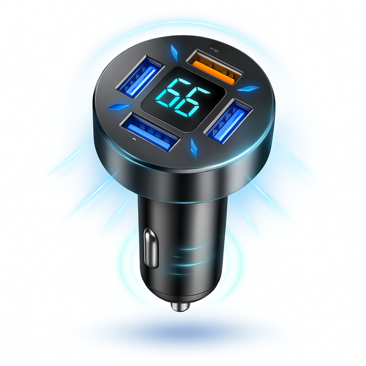 Szybka ładowarka samochodowa 66W z podwójnym portem USB-C i USB-A do szybkiego ładowania urządzeń w podróży.