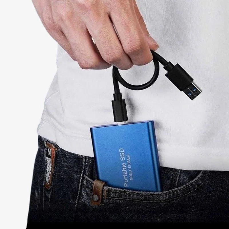 Elegancki przenośny dysk SSD USB-C z dużą pamięcią, odporny na wstrząsy i wodę.