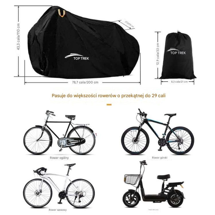 Schemat wymiarów pokrowca rowerowego 200 na 110 cm wraz z torbą