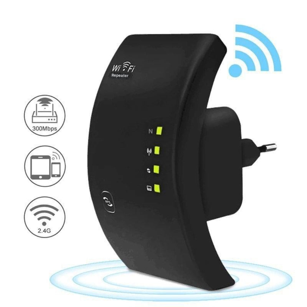 Czarny bezprzewodowy wzmacniacz sygnału WiFi wpinany do gniazdka z widocznym panelem kontrolnym