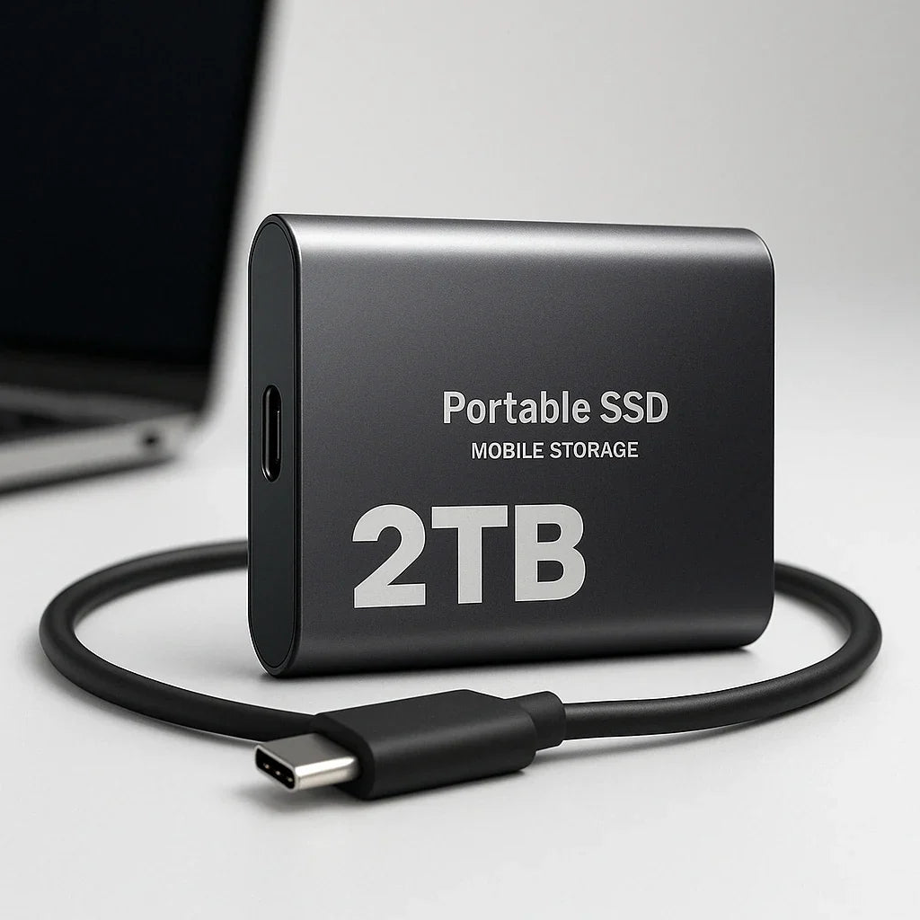 Przenośny zewnętrzny dysk SSD 2 TB w kolorze ciemnoszarym z kablem USB-C na jasnym tle