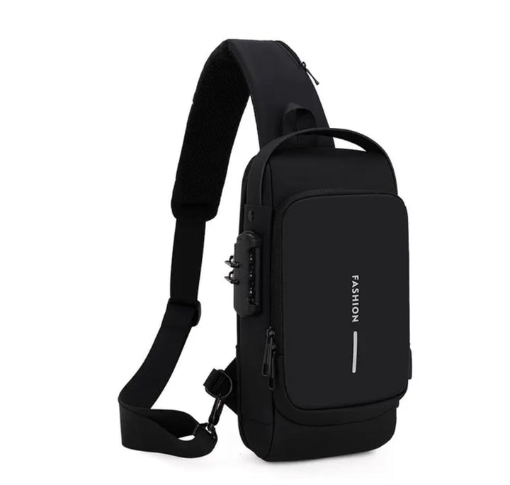Czarna torba na ramię messenger z portem USB i zamkiem szyfrowym