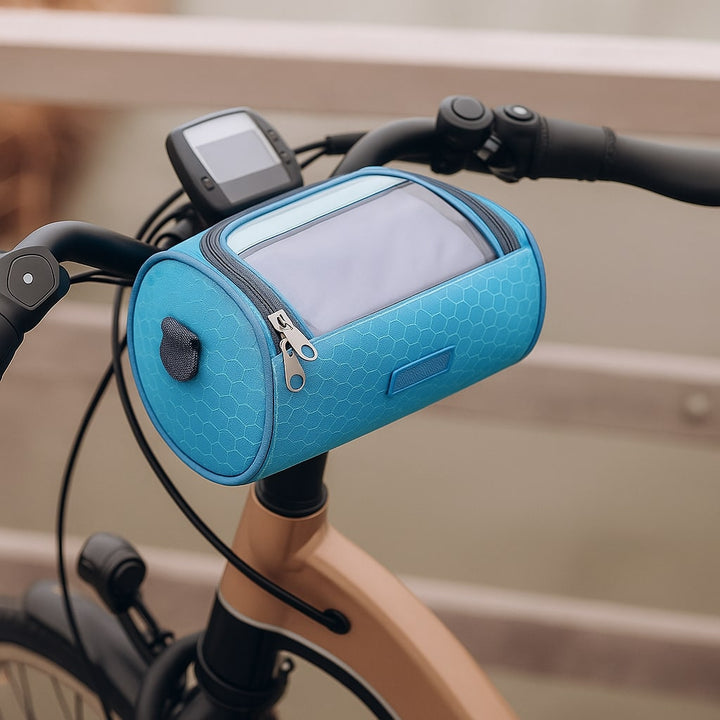Czarna, wodoodporna torba rowerowa na kierownicę z uchwytem na telefon. Chroni smartfon w podróży.