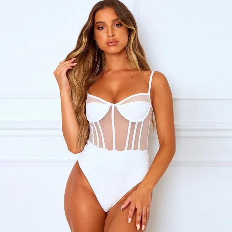Eleganckie damskie body transparentne z subtelnie wszytymi miseczkami, doskonała bielizna na lato.