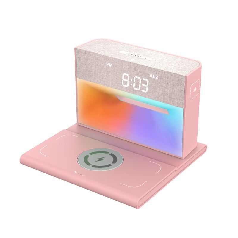Elegancki uchwyt na telefon z bezprzewodowym głośnikiem Bluetooth i nastrojowym światłem LED RGB.