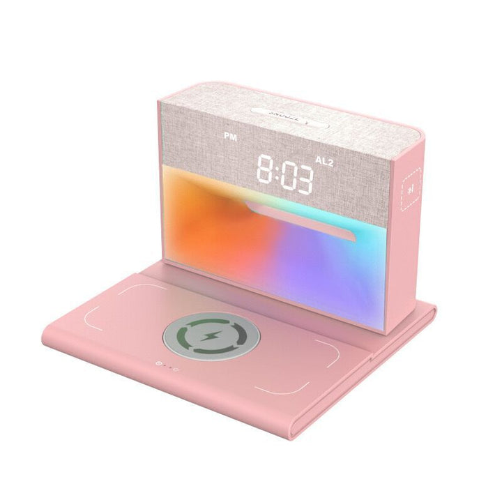 Elegancki uchwyt na telefon z bezprzewodowym głośnikiem Bluetooth i nastrojowym światłem LED RGB.