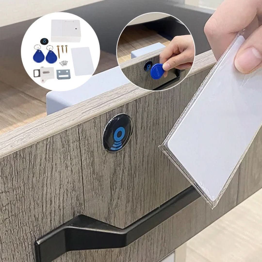 Niewidoczny zamek elektroniczny do mebli. Zapewnia dyskretne bezpieczeństwo szafek i szuflad bez klucza.