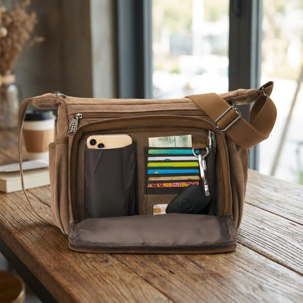 Uniseksowa torba messenger z blokadą RFID, płócienna, widok z przodu. Idealna na co dzień i do pracy.