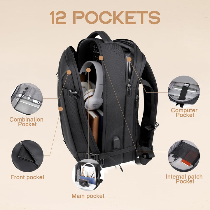 Czarny plecak podróżny 40L AirVoyage z widocznym portem USB. Nowoczesny design, pomieści laptopa 17".