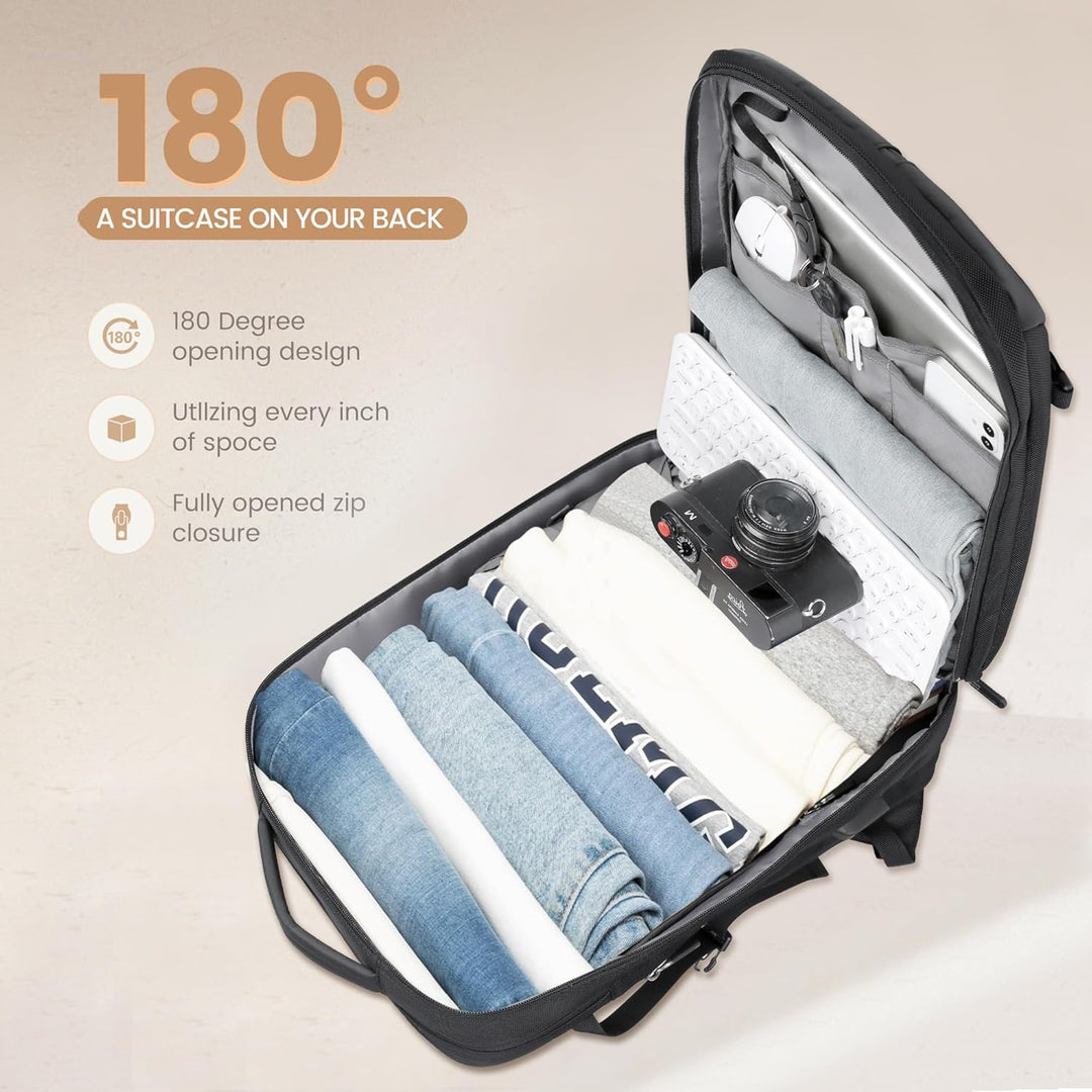 Wnętrze rozszerzalnego plecaka 40L z komorą na laptopa 17" i wieloma przegródkami. Ułatwia organizację podróży.