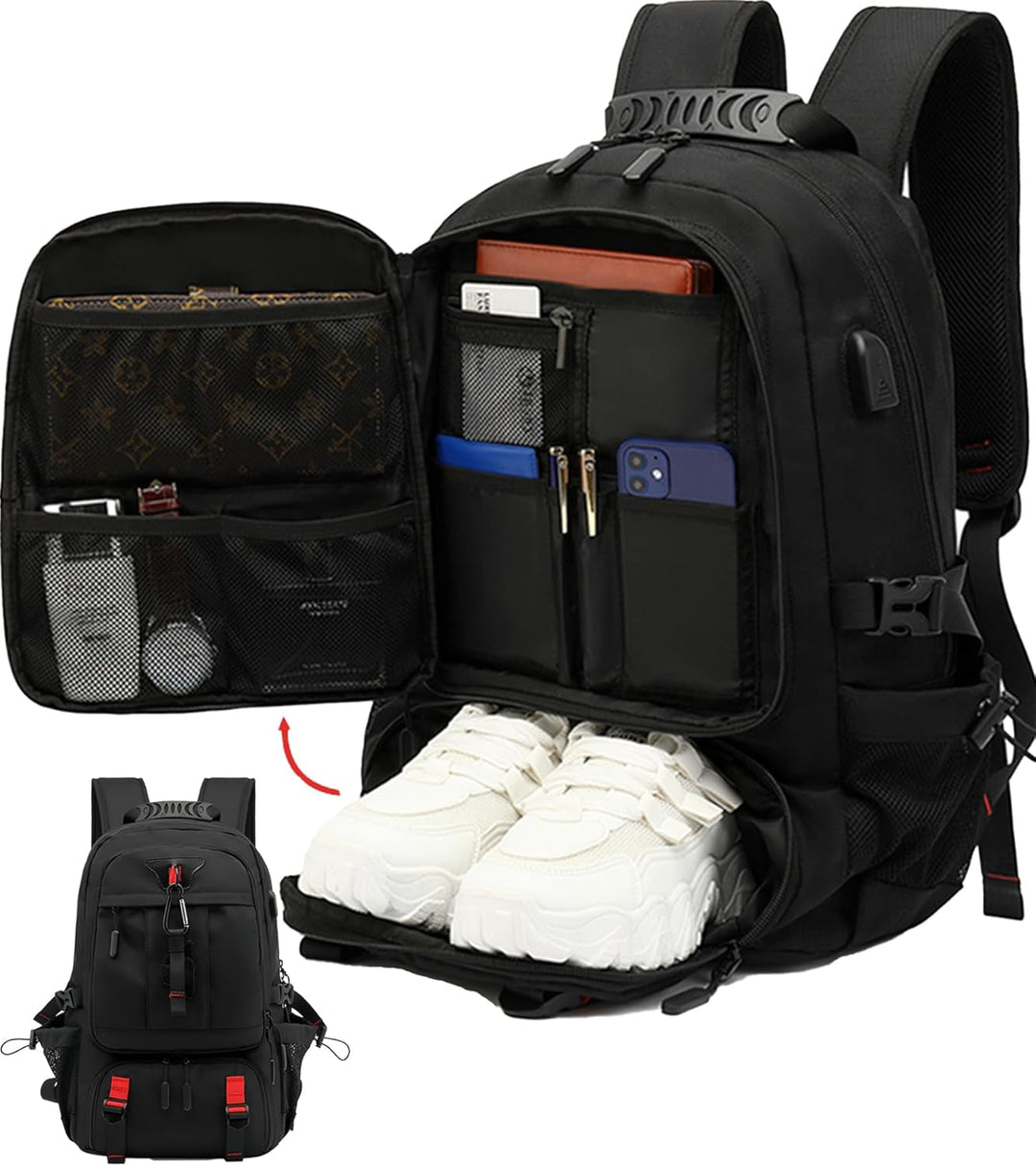 Unisex plecak podróżny 60L, wodoodporny, z portem USB, kieszenią na laptopa i osobną komorą na buty.