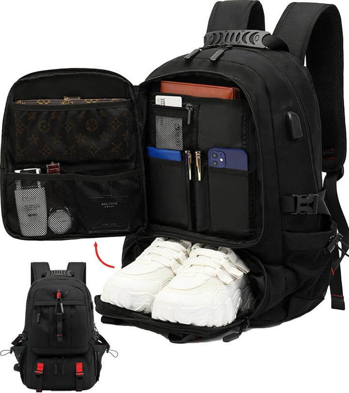 Unisex plecak podróżny 60L, wodoodporny, z portem USB, kieszenią na laptopa i osobną komorą na buty.