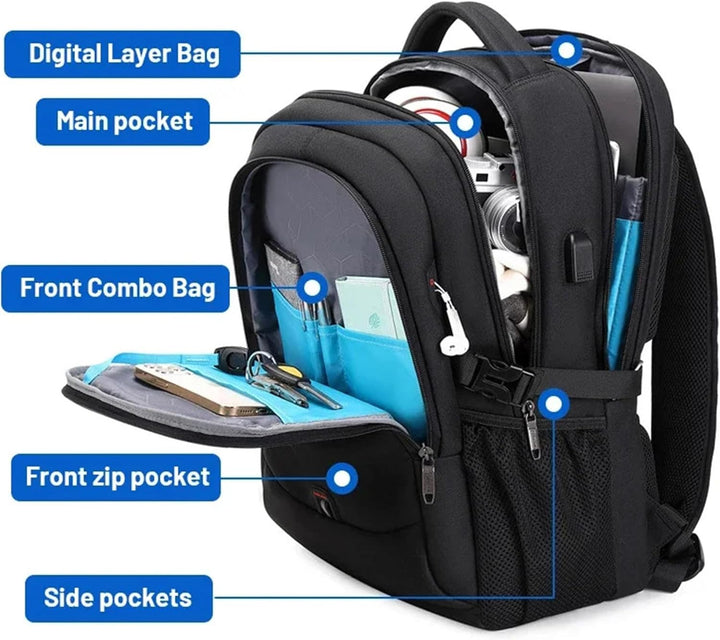 Otwarty plecak z widoczną przegrodą na laptopa i kieszeniami organizacyjnymi. Wodoodporny design.