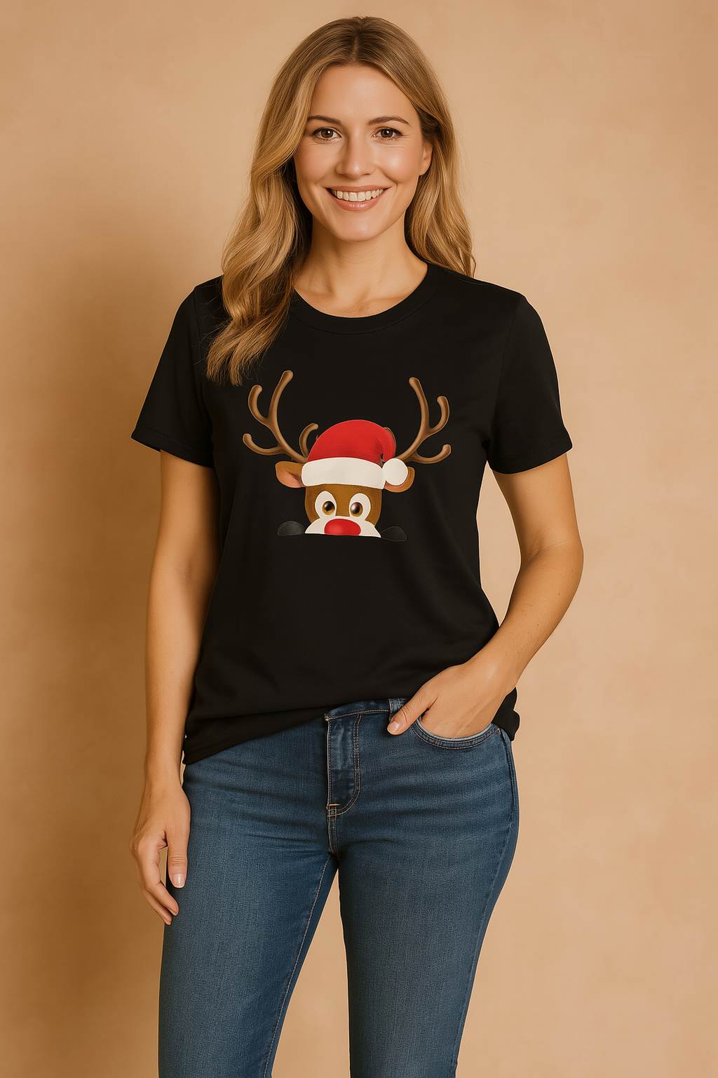 Osoba w unisex świątecznej koszulce z zabawnym reniferem. Idealny prezent na Boże Narodzenie, zimowa moda casual.
