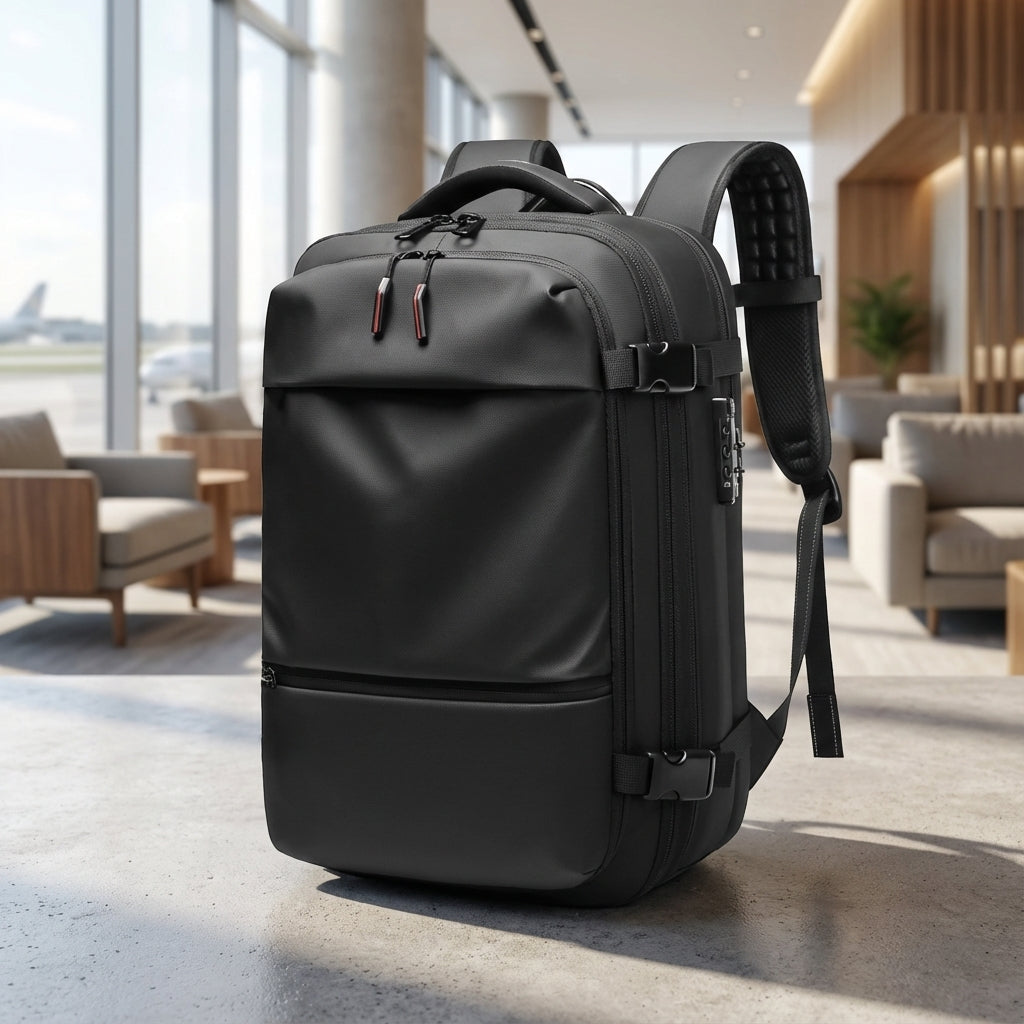 Unisex wodoodporny plecak podróżny TravelCompress z kompresją, idealny na laptopa 17 cali, w kolorze czarnym.