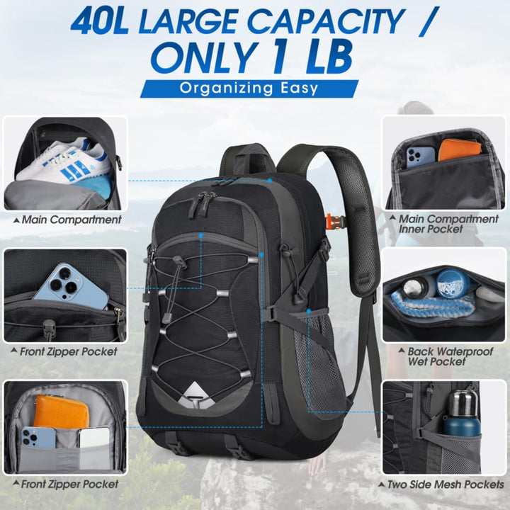Plecak kempingowy 40L, wodoodporny, lekki, z wieloma kieszeniami na akcesoria outdoorowe.