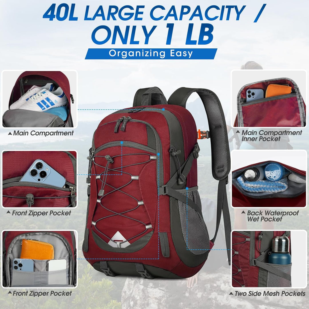 Lekki plecak outdoor 40L, wodoodporny, z przestronną komorą główną, na cały ekwipunek.