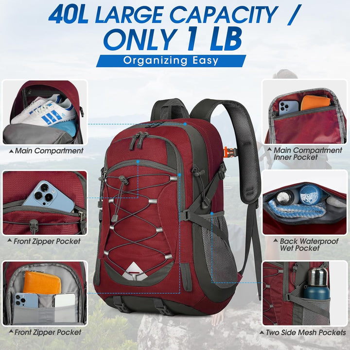 Lekki plecak outdoor 40L, wodoodporny, z przestronną komorą główną, na cały ekwipunek.