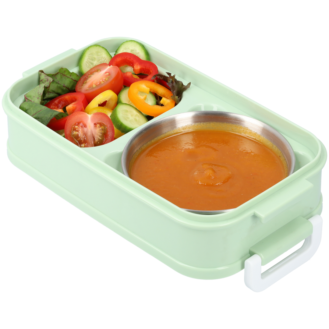 Lunchbox z przegródkami na różne potrawy, z wbudowanymi sztućcami. Idealny na podróże i piknik.