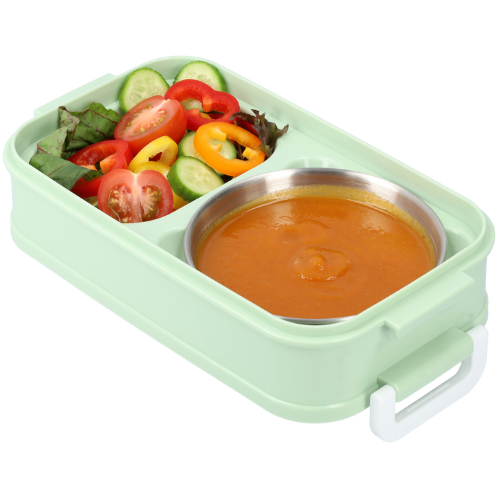 Lunchbox z przegródkami na różne potrawy, z wbudowanymi sztućcami. Idealny na podróże i piknik.