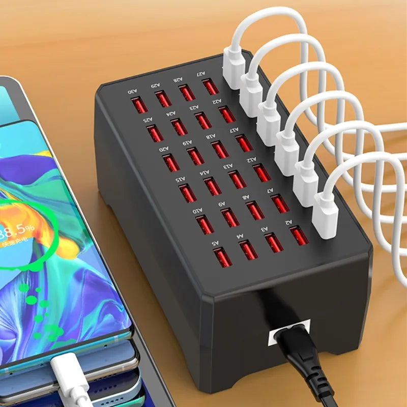 Wieloportowa stacja ładowania USB z 30 gniazdami. Szybka ładowarka do telefonów i tabletów. Idealna do biura.