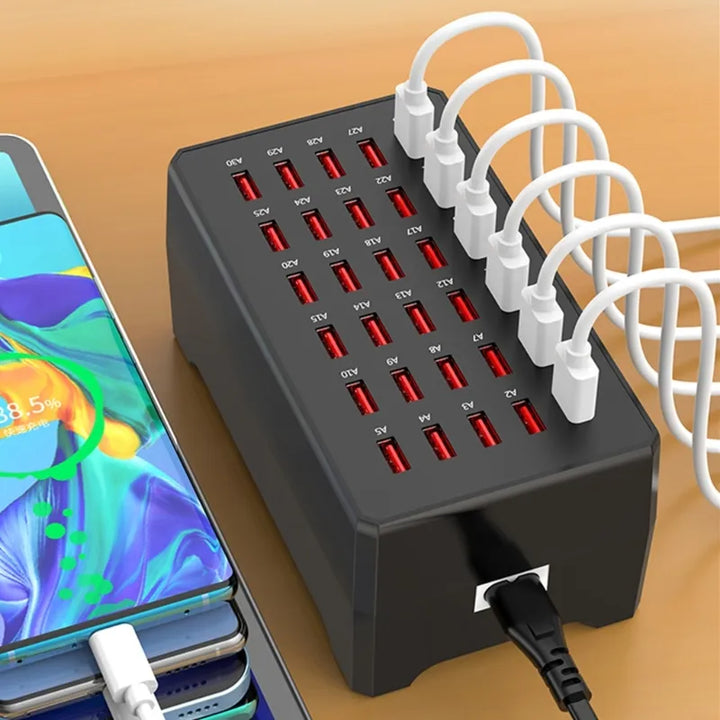 Wieloportowa stacja ładowania USB z 30 gniazdami. Szybka ładowarka do telefonów i tabletów. Idealna do biura.