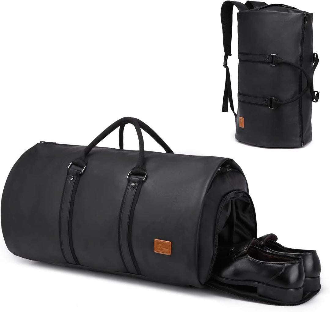 Brązowa, elegancka torba duffel z PU skóry, konwertowalna na torbę na garnitur, bagaż podręczny.