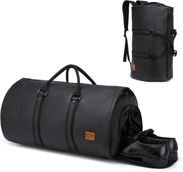 Brązowa, elegancka torba duffel z PU skóry, konwertowalna na torbę na garnitur, bagaż podręczny.