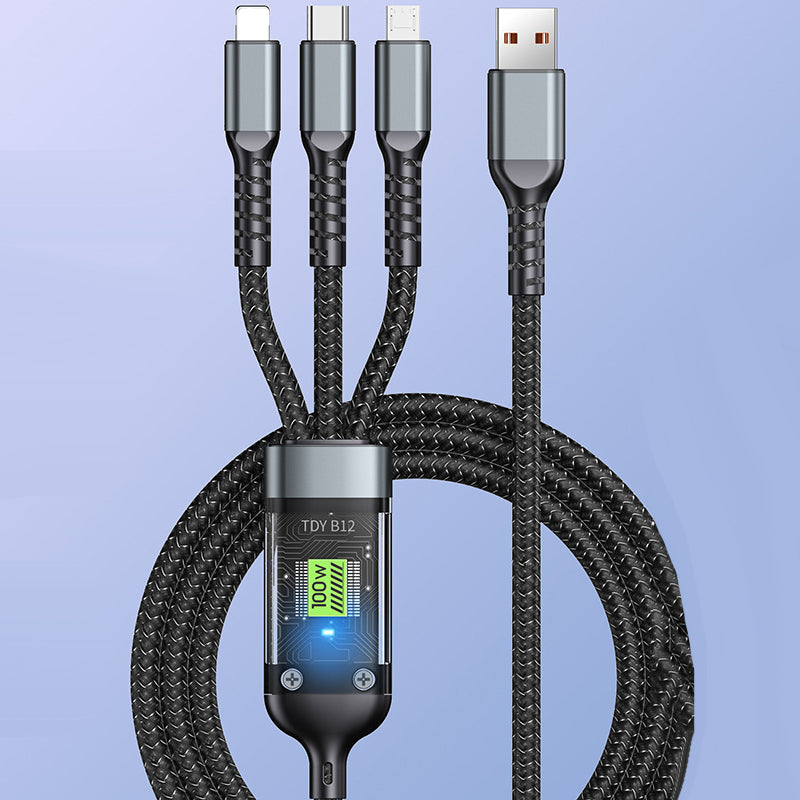 Uniwersalny kabel ładowarka 3w1 z szybkim ładowaniem 100W do iPhone, Android, USB-C. Idealny w podróży.