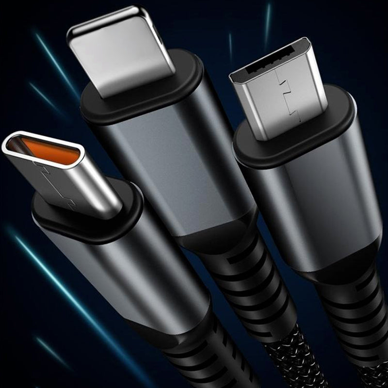 Smartfon ładowany uniwersalnym kablem 3w1 z szybkim ładowaniem 100W. Kompatybilny z iPhone i Android.