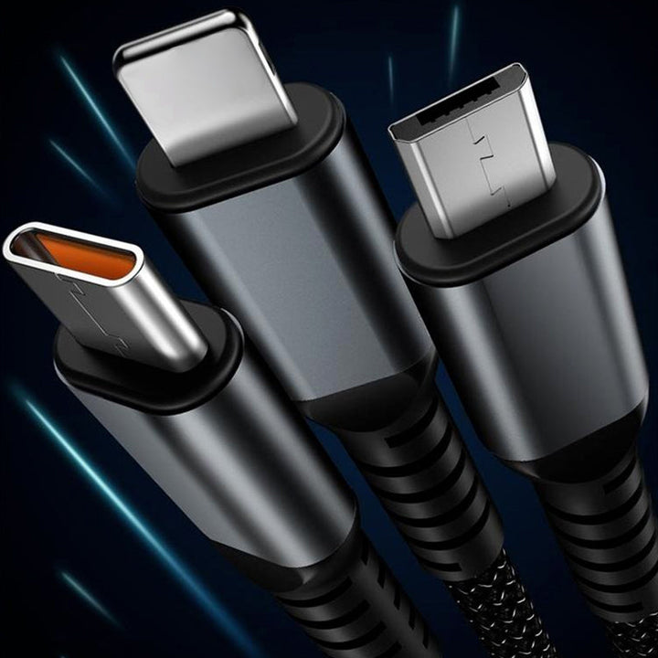Smartfon ładowany uniwersalnym kablem 3w1 z szybkim ładowaniem 100W. Kompatybilny z iPhone i Android.