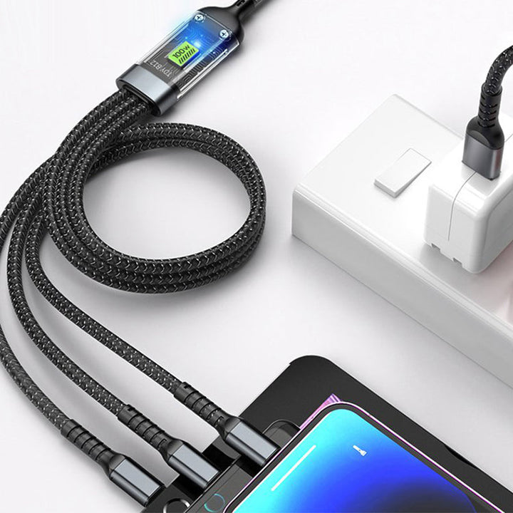 Czarny kabel ładowarka 3w1 z końcówkami USB-C, Lightning, Micro USB. Szybkie ładowanie 100W, długa żywotność.