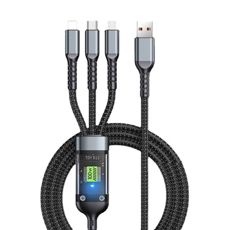 Wydajny kabel ładowarka 3w1 100W Power Delivery. Szybkie ładowanie USB-C, iPhone, Android jednocześnie.