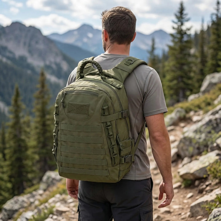Uniwersalny plecak taktyczny 38L z systemem MOLLE, idealny na wędrówki i biwakowanie w outdoorze.