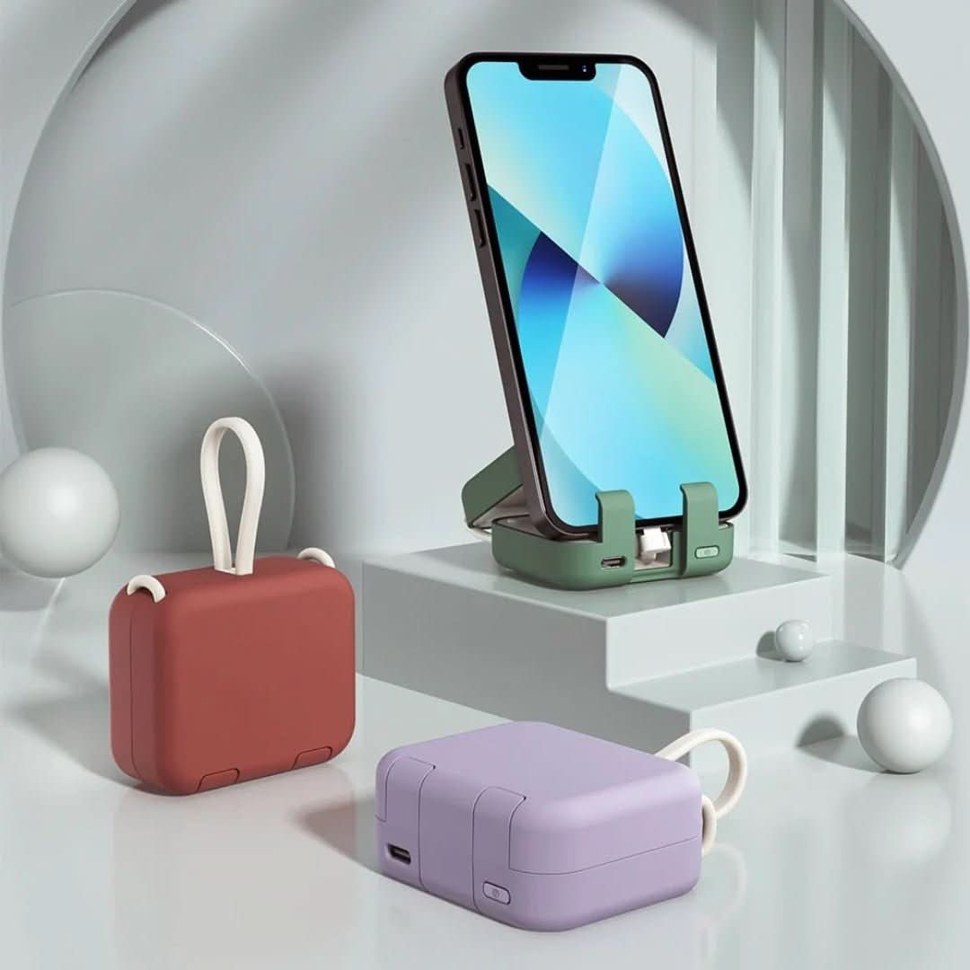 Kompaktowy power bank podróżny 4000mAh z wbudowanym stojakiem na smartfon. Ładowarka USB-C.