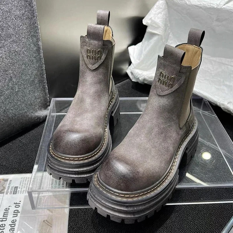 Szare damskie botki sztyblety w stylu chunky na platformie