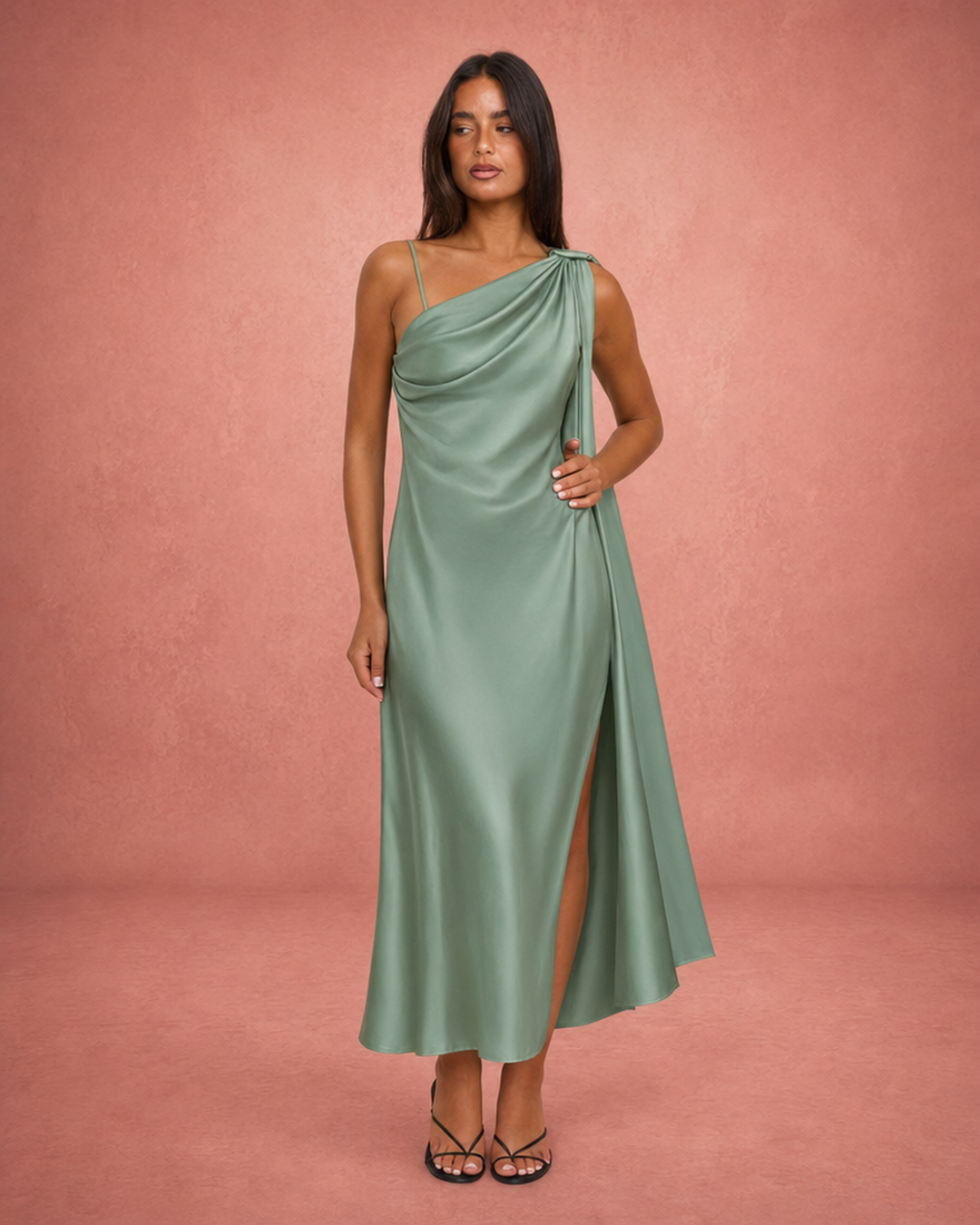 Modelka w zielonej satynowej sukience maxi na eleganckim tle