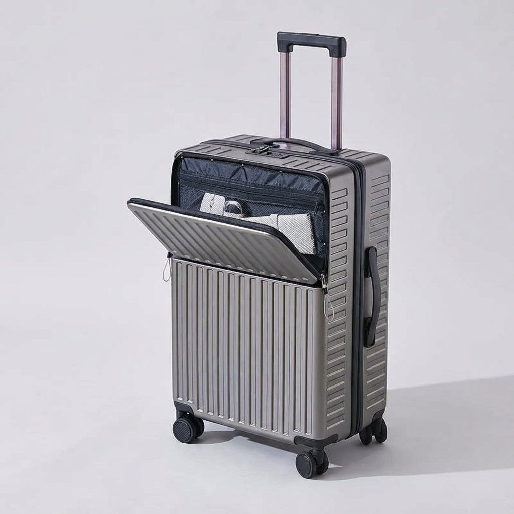 Elegancka walizka podróżna spinner unisex z frontową kieszenią na laptopa, do wygodnego podróżowania.