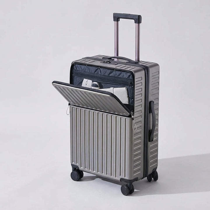Elegancka walizka podróżna spinner unisex z frontową kieszenią na laptopa, do wygodnego podróżowania.