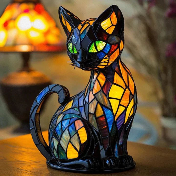 Witrażowa lampa stołowa LED kot, ręcznie robiona, przytulne światło, idealna jako lampka nocna.