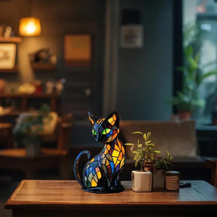 Ręcznie robiona witrażowa lampa LED-kot, stołowa, kolorowe szkło, unikatowe designerskie oświetlenie.