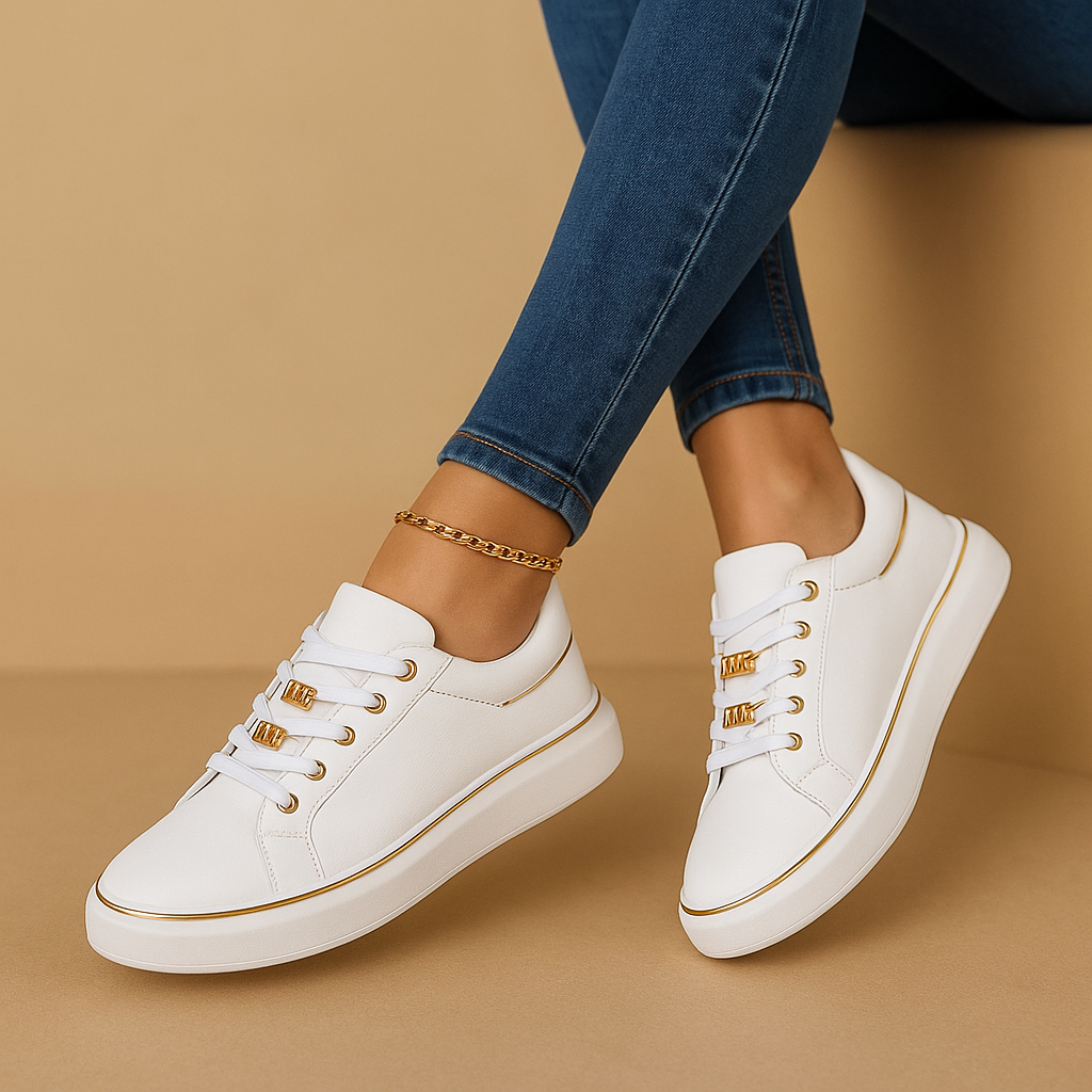 Damskie białe sneakersy z eleganckimi złotymi detalami i białą podeszwą