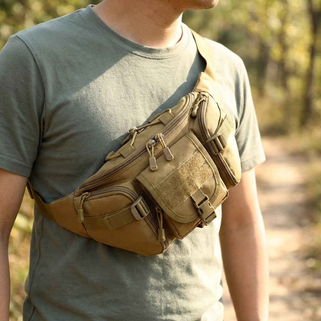 Wodoodporna taktyczna torba biodrowa MOLLE PackForge, idealna na outdoor, podróże i sport.