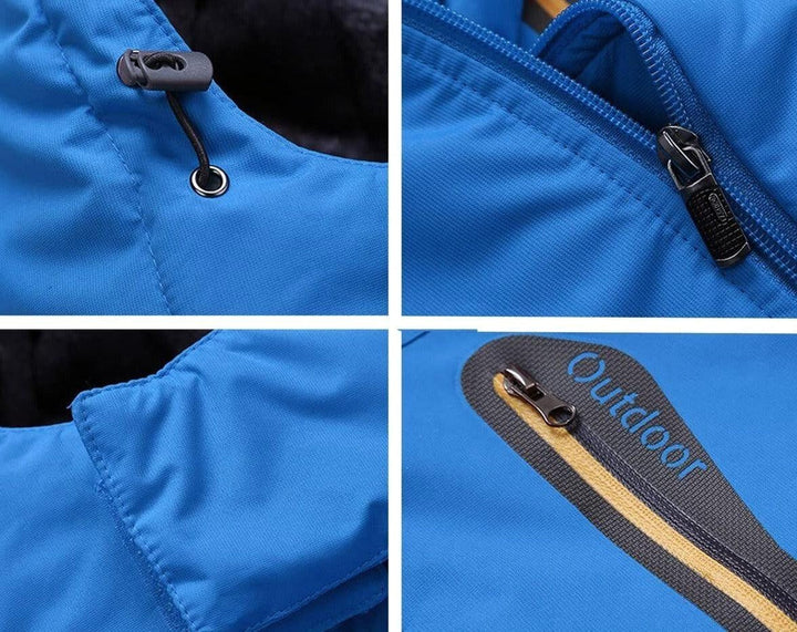 Zimowa odzież męska, zbliżenie na kaptur i materiał kurtki outdoor