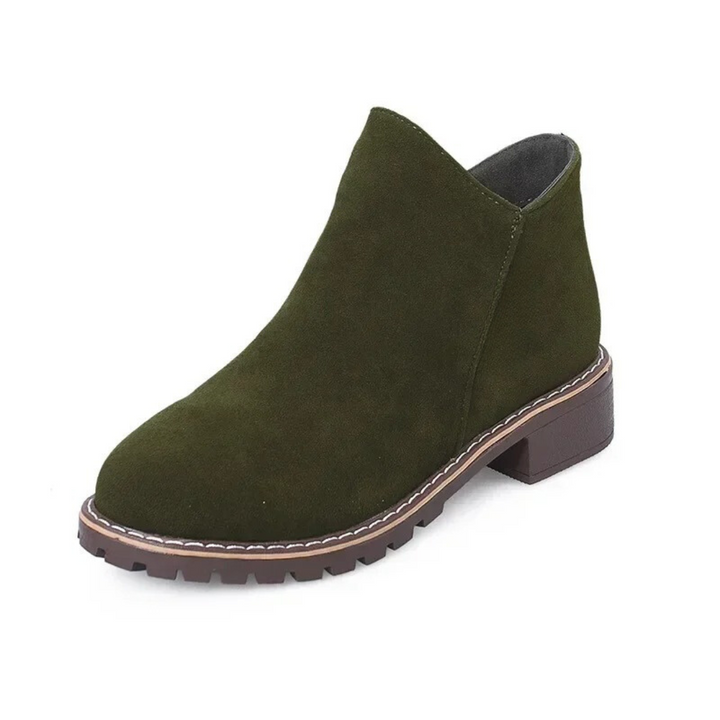 Zielone damskie botki sztyblety slip-on z niskim obcasem i ozdobnymi przeszyciami