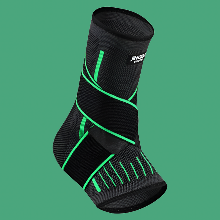 Czarno-zielony stabilizator stawu skokowego prezentowany na gładkim tle