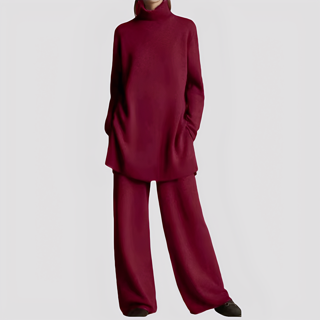 Elegancki i nowoczesny komplet damski Jessica. Wysoki kołnierz, idealny na chłodne dni, stylowy outfit.