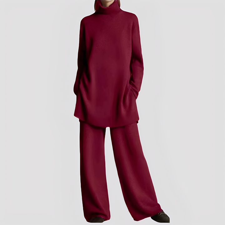 Elegancki i nowoczesny komplet damski Jessica. Wysoki kołnierz, idealny na chłodne dni, stylowy outfit.